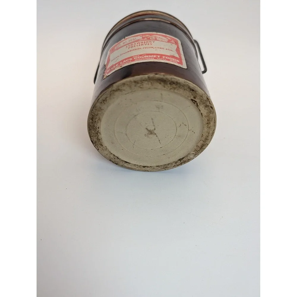 Vintage Mille Lacs Gourmet Foods Brown Stoneware Crock Jar Wire Bail 14oz